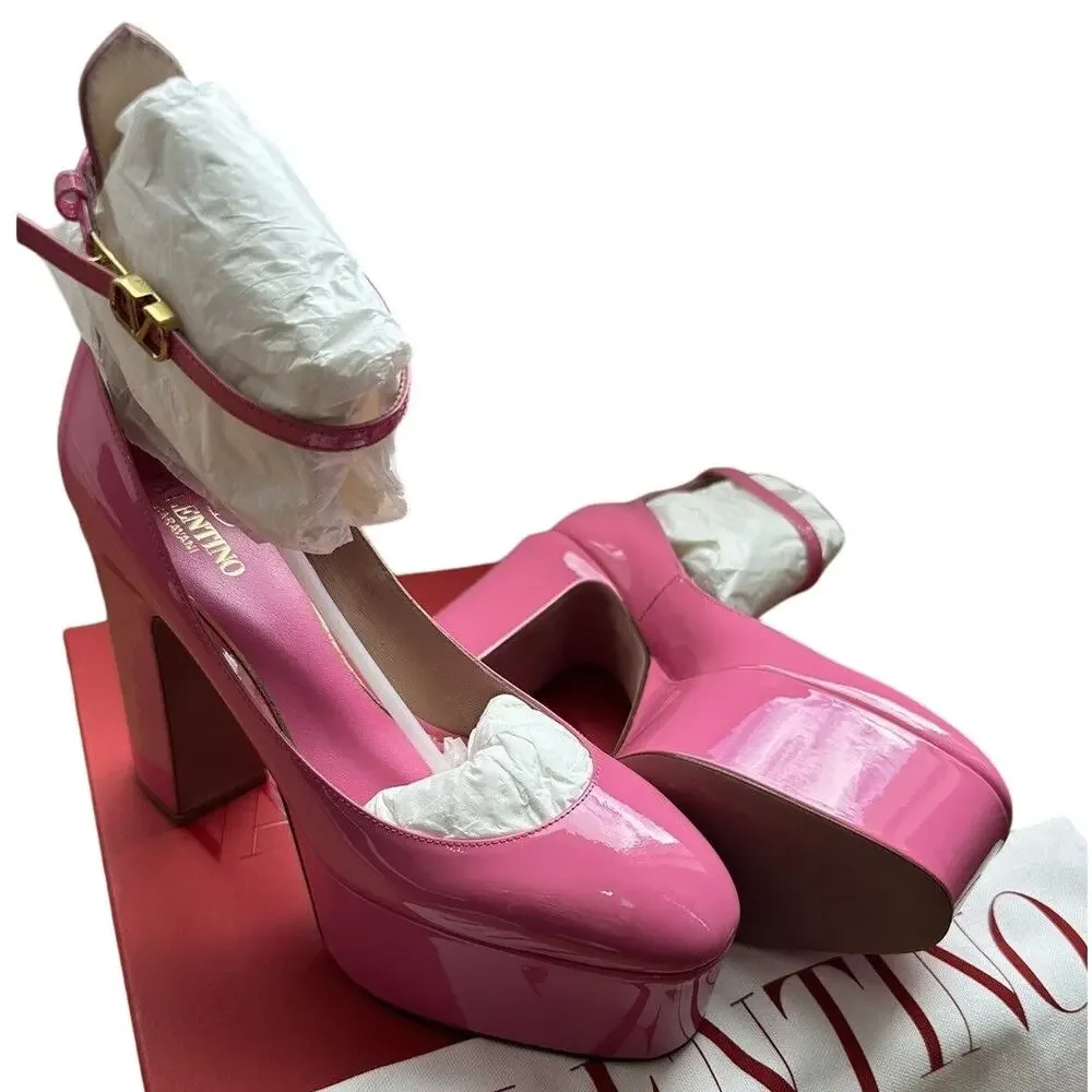 nwob Valentino Tan-Go Barbie Pink Patent Leather Platform Pumps size IT 38 US 8